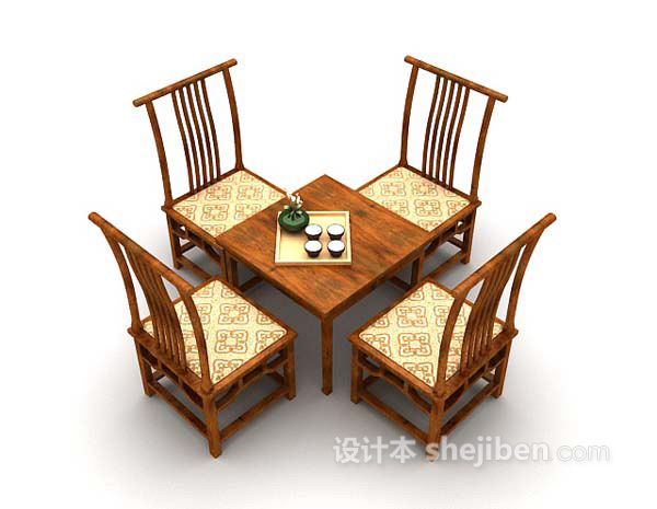 中式风格中式棕色桌椅组合3d模型下载