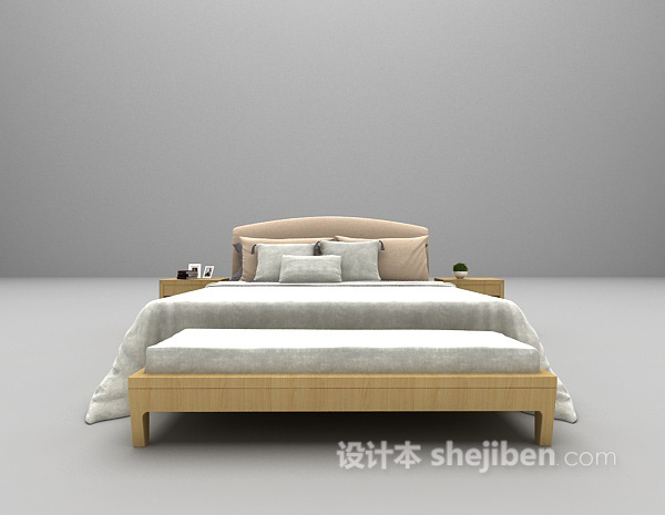 灰色木质床3d模型欣赏