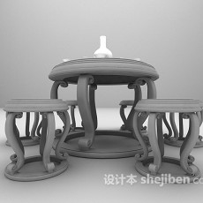中式圆桌圆凳组合3d模型下载