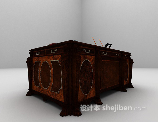 欧式风格欧式棕色办公桌椅组合欣赏3d模型下载