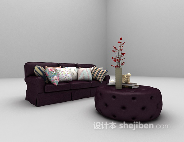 欧式紫色皮沙发模型下载