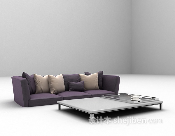 免费紫色三人沙发3d模型下载