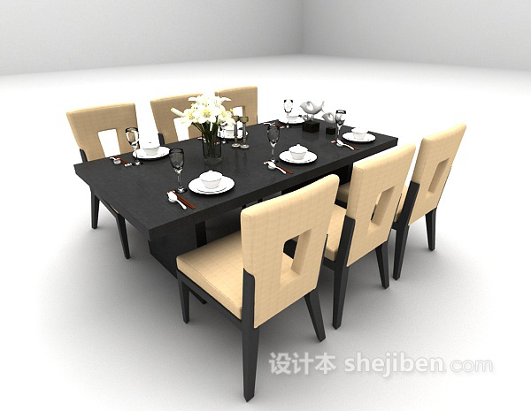 欧式风格黑色木质餐桌3d模型下载