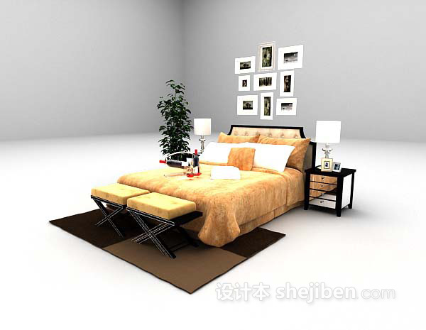 免费装饰主义风格床3d模型下载