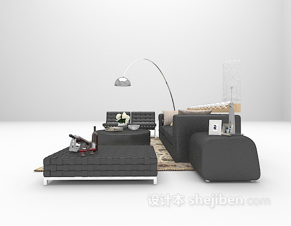 欧式风格黑色皮质沙发3d模型下载