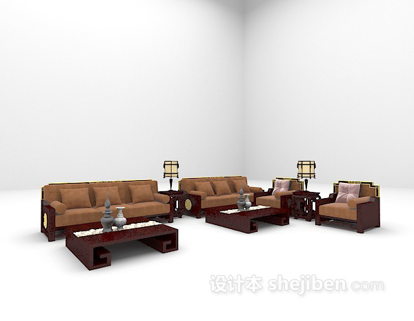 中式风格木质组合沙发3d模型下载