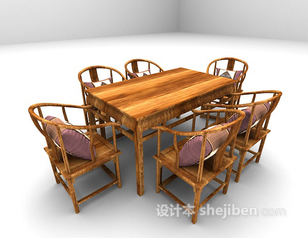 中式风格长形桌椅3d模型下载