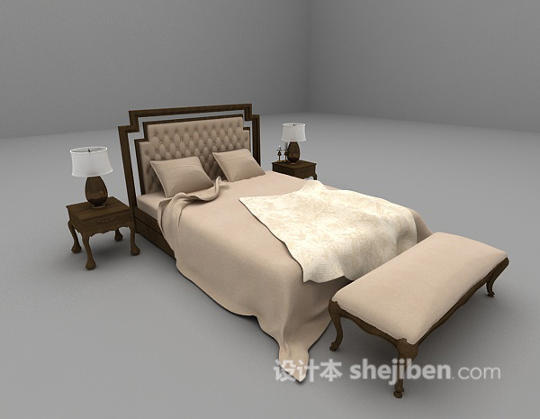 欧式风格米色双人床3d模型下载