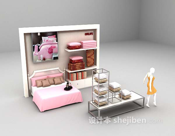 现代风格粉色女孩房床的3d模型下载