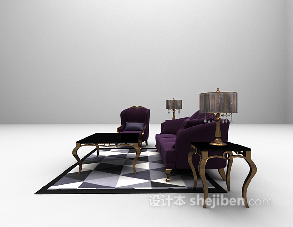 欧式风格紫色沙发组合3d模型下载