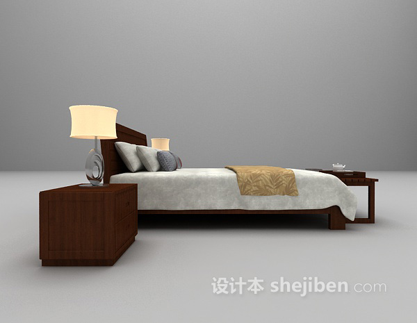 设计本棕色木质床具3d模型下载