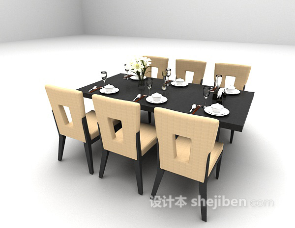 免费黑色木质餐桌3d模型下载