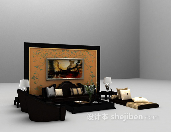 免费黑色家庭组合沙发3d模型下载