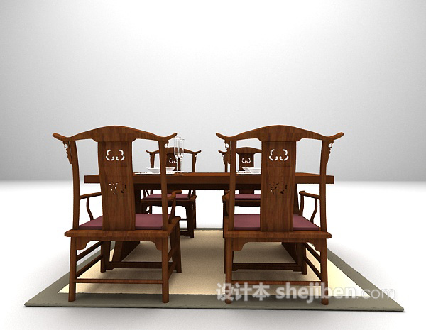 中式木质餐桌3d模型下载