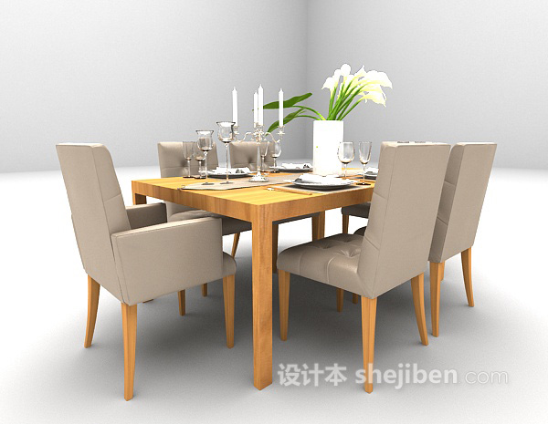 现代风格木质家庭餐桌3d模型下载