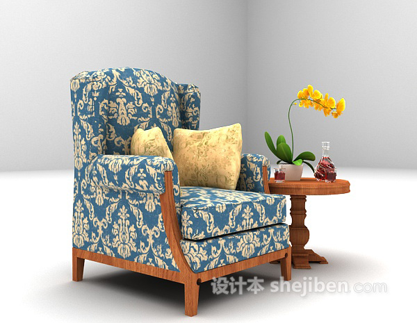 免费蓝色单椅沙发3d模型下载