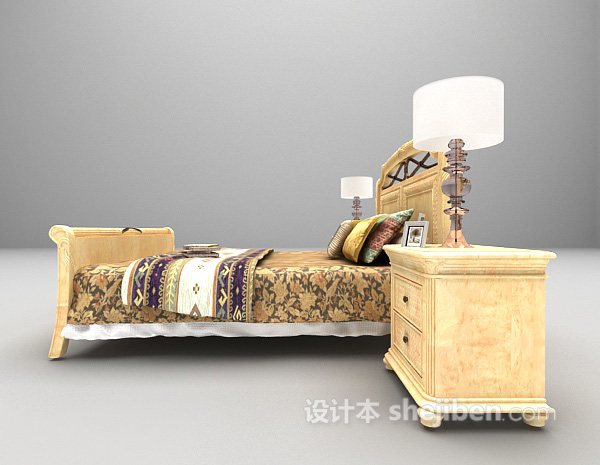 设计本灰色木质床3d模型下载