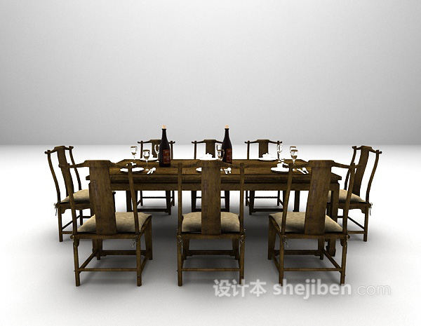 中式木质桌椅3d模型