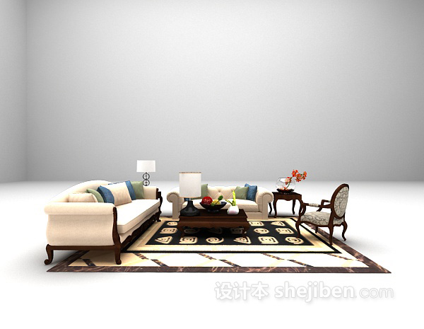 设计本家庭木质沙发组合推荐3d模型下载