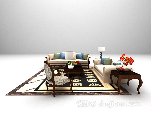 家庭木质沙发组合推荐3d模型下载