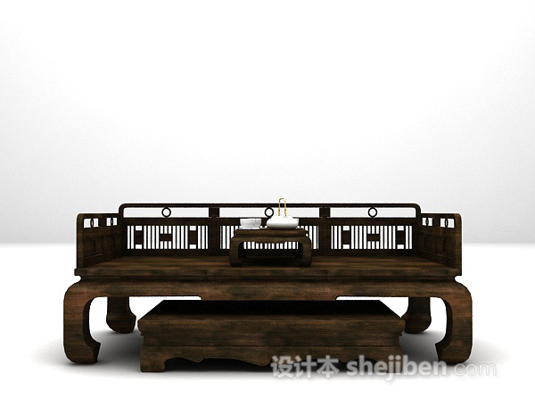 中式风格棕色木质双人沙发3d模型下载