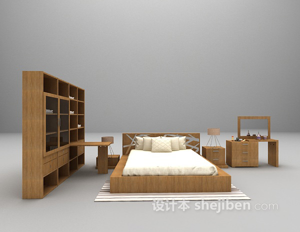 现代木质床3d模型下载