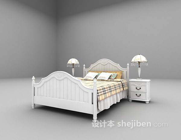 免费白色木质床3d模型下载