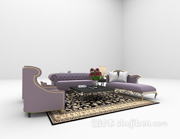 欧式风格紫色皮沙发3d模型下载