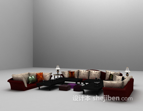 设计本红色沙发组合3d模型下载