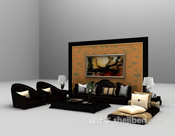 设计本黑色家庭组合沙发3d模型下载