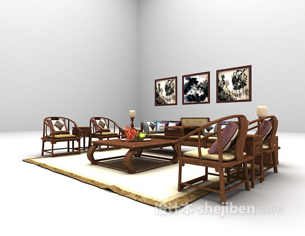 免费中式木质家庭沙发3d模型下载