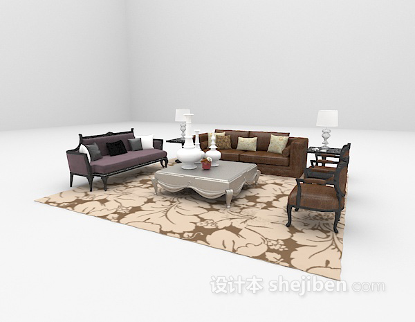 设计本欧式棕色皮沙发3d模型下载
