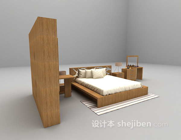 现代风格现代木质床3d模型下载
