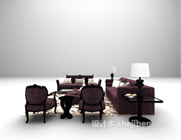 设计本紫色沙发组合3d模型下载