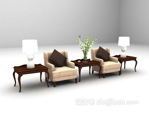 设计本棕色布艺桌椅组合3d模型下载