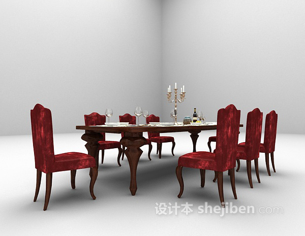 欧式风格红色桌椅组合3d模型下载