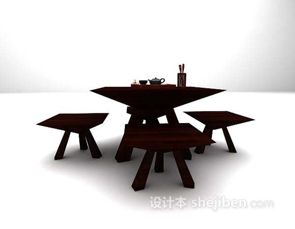 中式木质桌椅组合免费3d模型下载