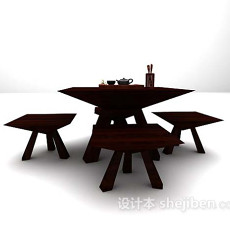 中式木质桌椅组合免费3d模型下载