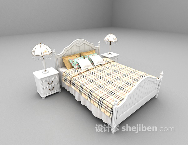 欧式风格白色木质床3d模型下载