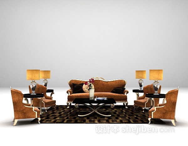 欧式风格棕色皮质沙发3d模型下载