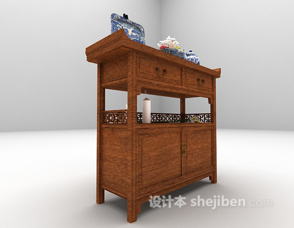 中式风格中式木质玄关厅柜免费3d模型下载
