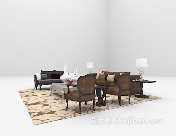 免费欧式棕色皮沙发3d模型下载