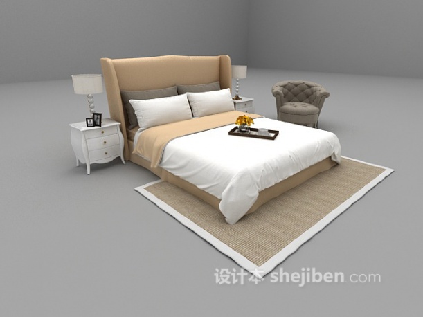 现代风格白色双人床具3d模型下载