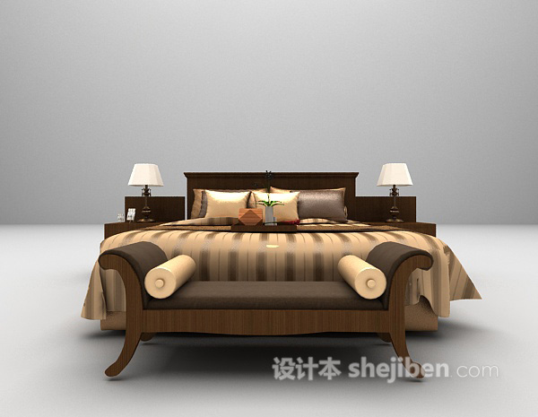 现代风格木质棕色床推荐3d模型下载