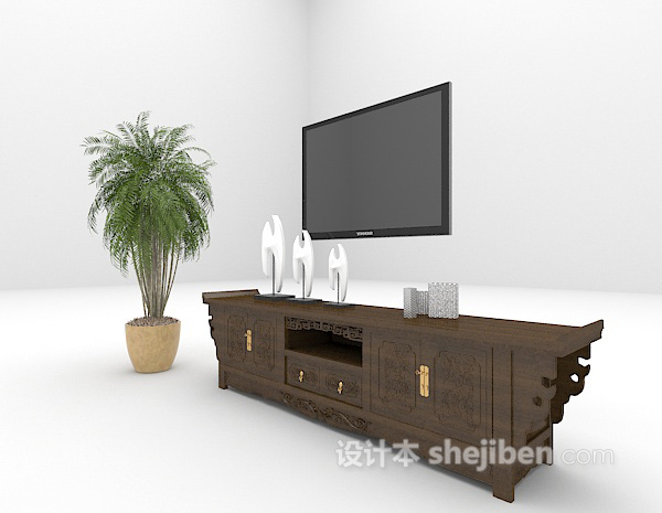 中式风格棕色复古电视柜3d模型下载