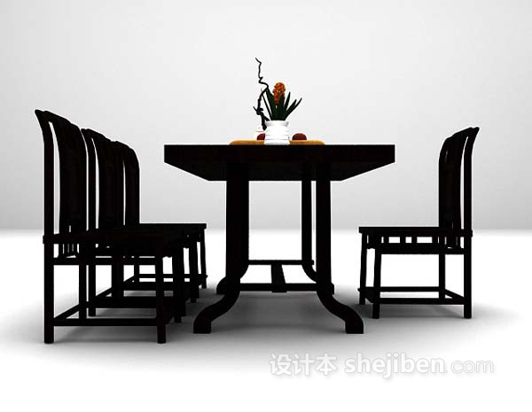 中式风格黑色长形桌椅3d模型下载