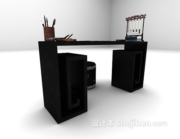 中式风格中式黑色书桌3d模型下载