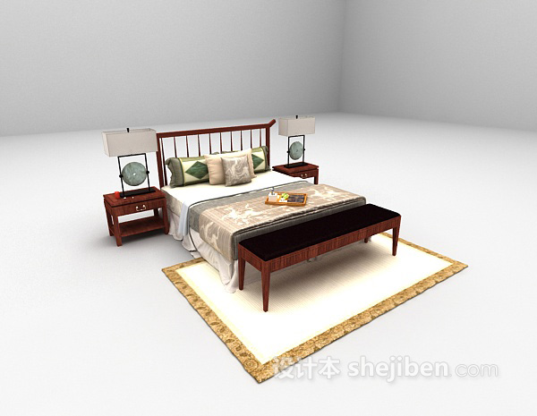 中式风格中式木质床3d模型下载