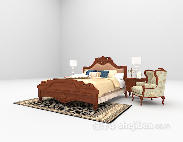 免费欧式木质床具3d模型下载