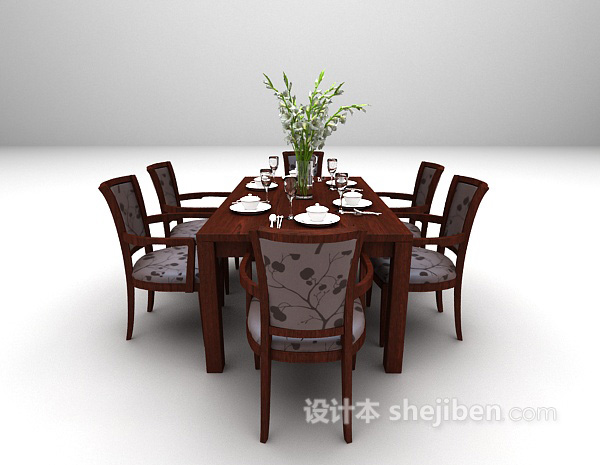 设计本棕色餐桌组合欣赏3d模型下载